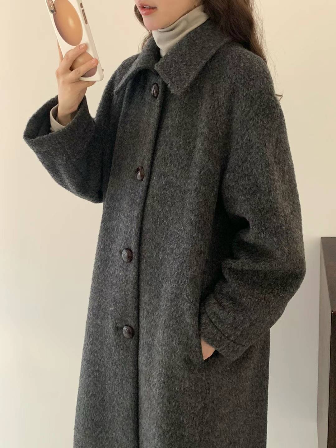 Twisted Leather Button Wool and Cashmere Blended Long line Coat