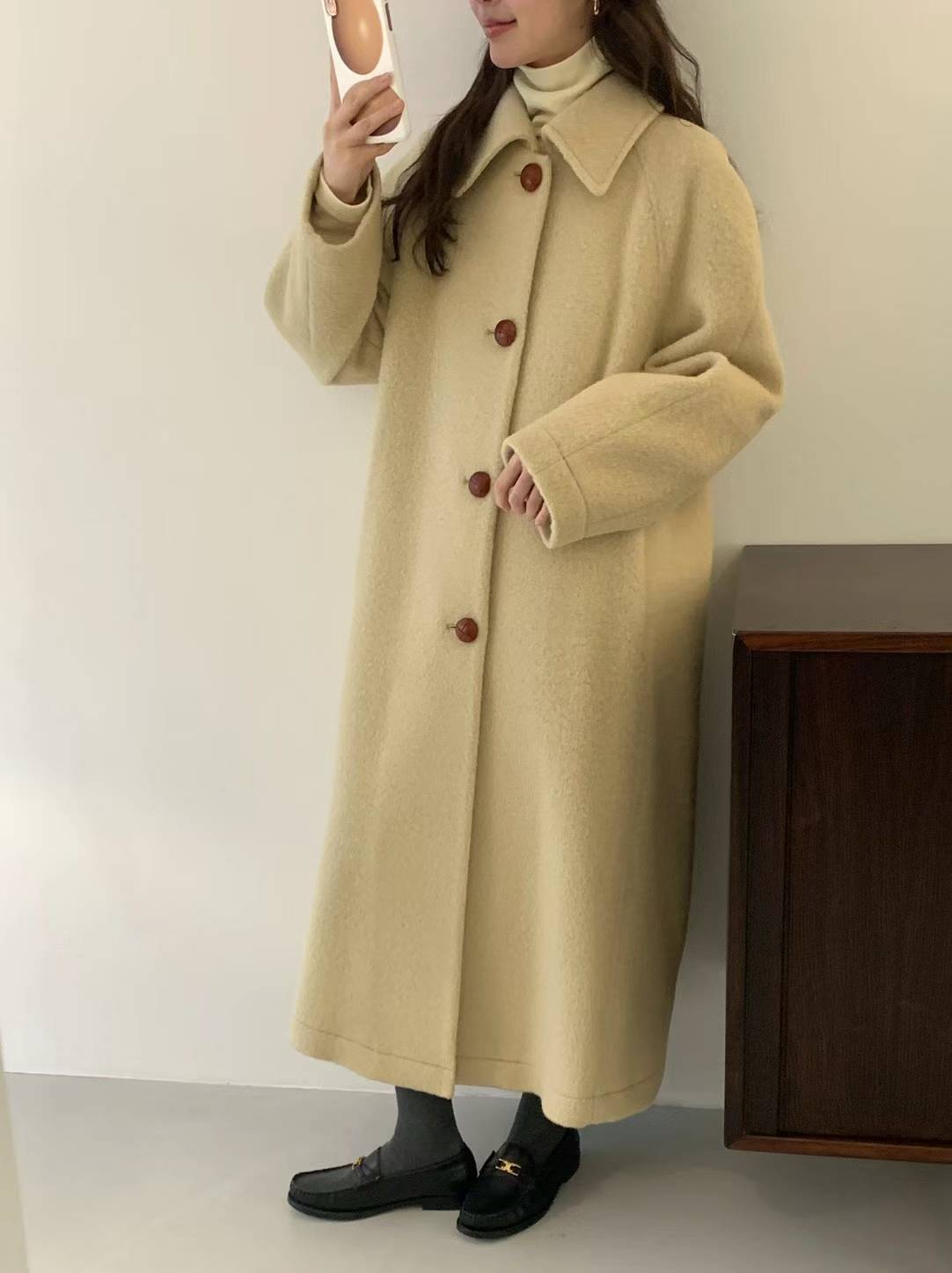 Twisted Leather Button Wool and Cashmere Blended Long line Coat