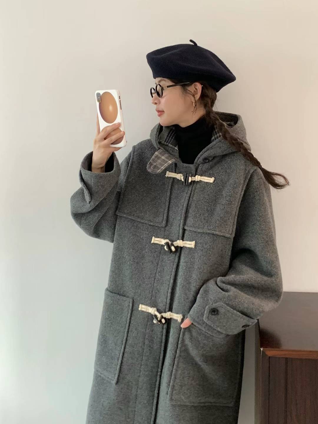 Cashmere and Wool Hooded Toggle Long Coat