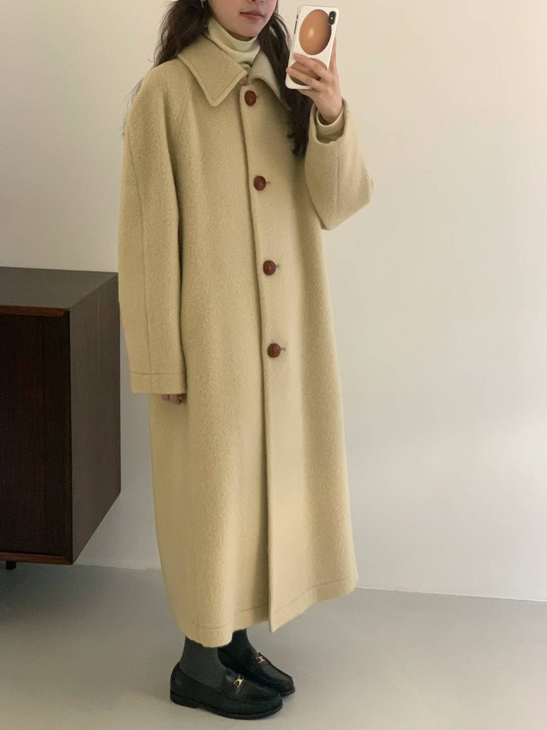 Twisted Leather Button Wool and Cashmere Blended Long line Coat