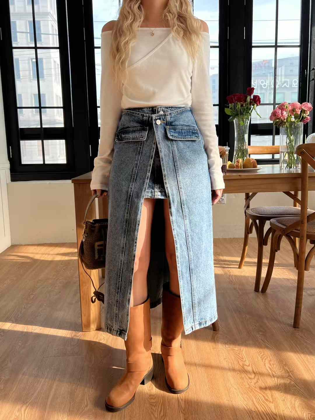 Maxi denim skirt with a front slit