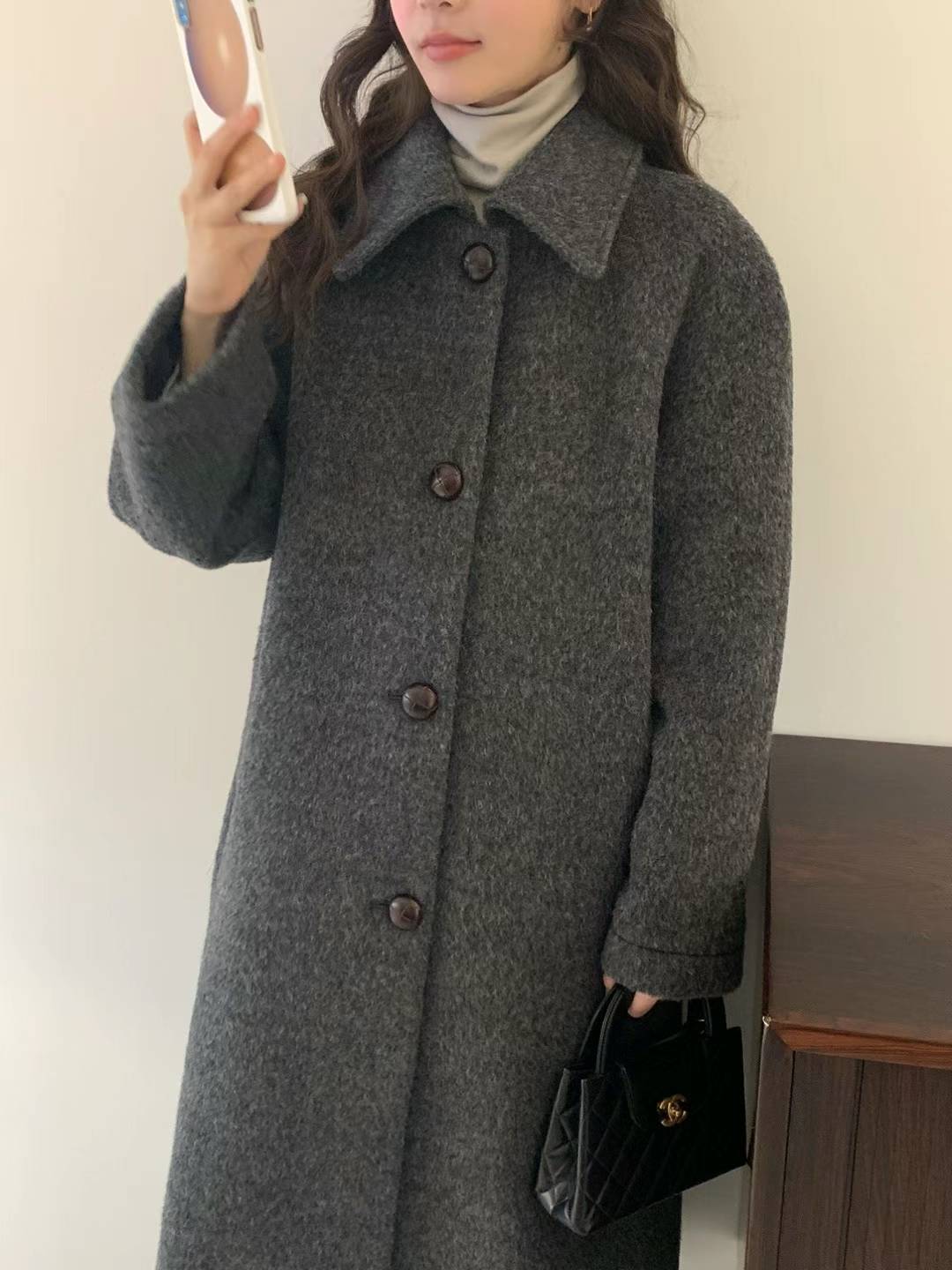 Twisted Leather Button Wool and Cashmere Blended Long line Coat