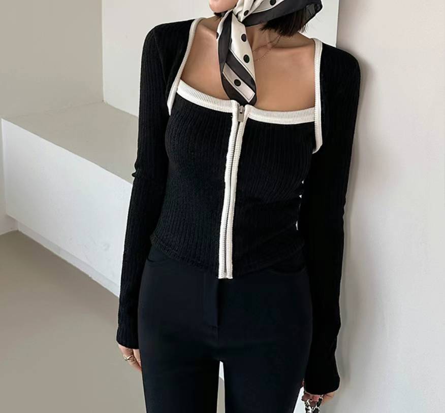 Two-tone Soft Slim Rib Knit Square Neck Zipper