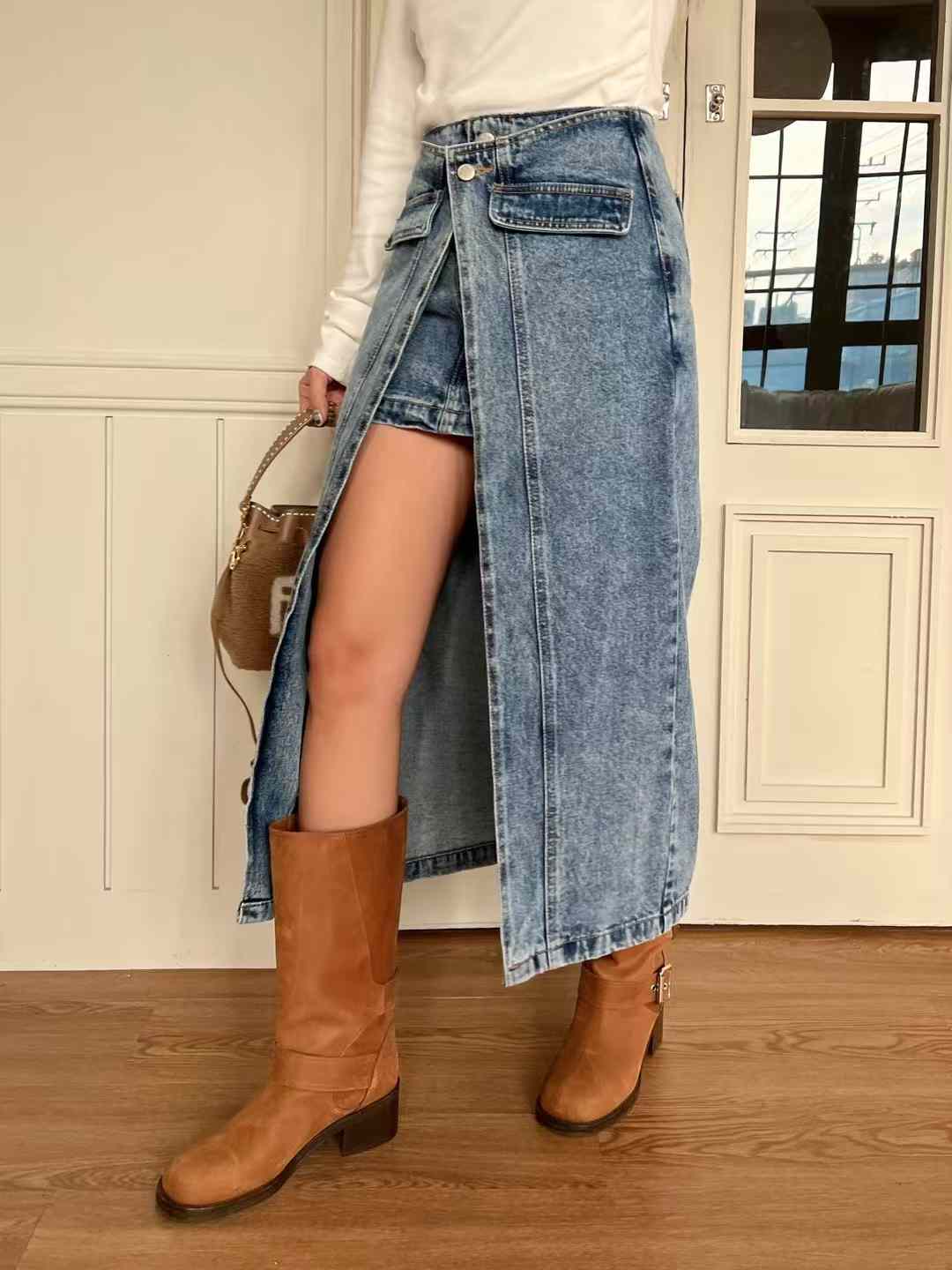 Maxi denim skirt with a front slit