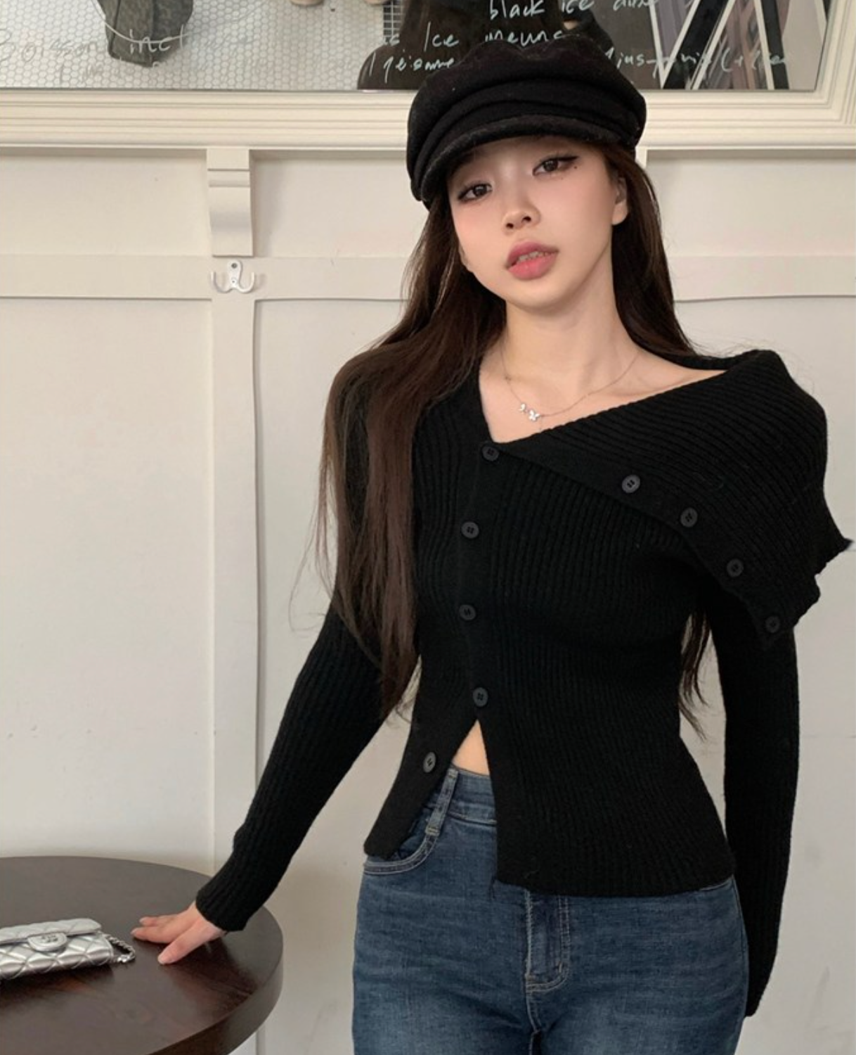 Long Sleeve Big Collar Unbalanced Button Knit