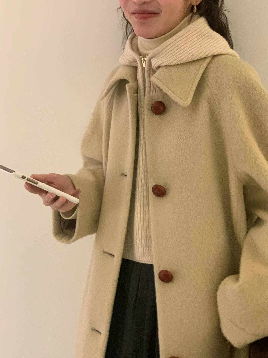 Twisted Leather Button Wool and Cashmere Blended Long line Coat