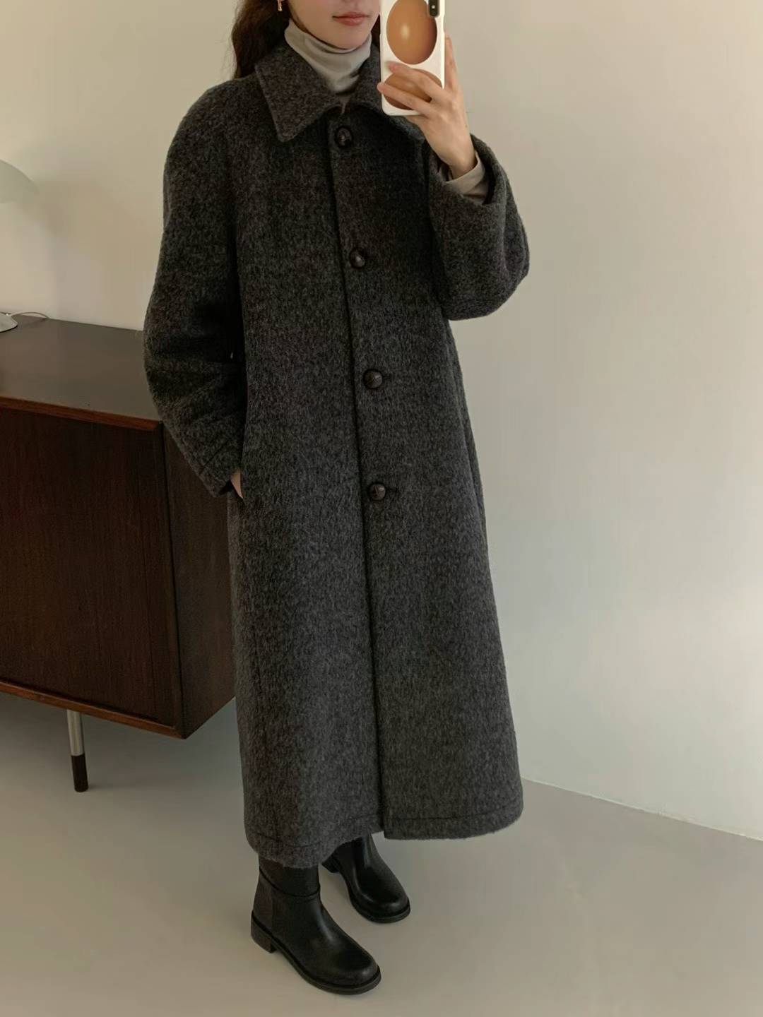 Twisted Leather Button Wool and Cashmere Blended Long line Coat