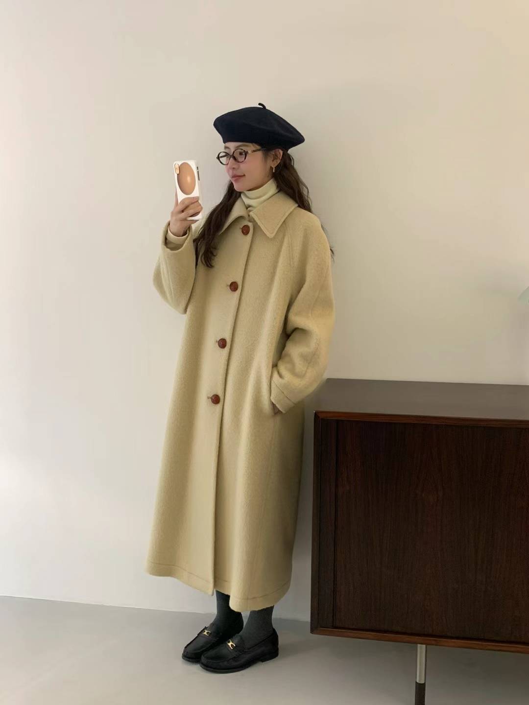 Twisted Leather Button Wool and Cashmere Blended Long line Coat