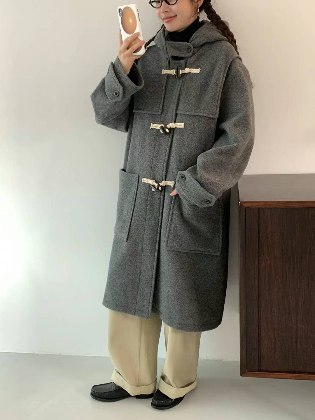 Cashmere and Wool Hooded Toggle Long Coat